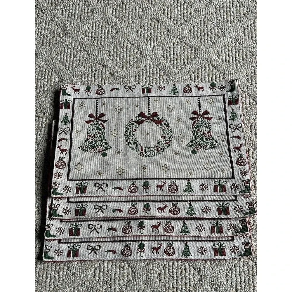 4 Christmas Placemats - Woven Tapestry EUC - Christmas‎ Wreath And Bells